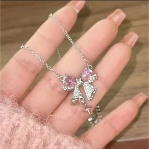 Sterling Silver Pink Bow Cubic Zirconia Necklace